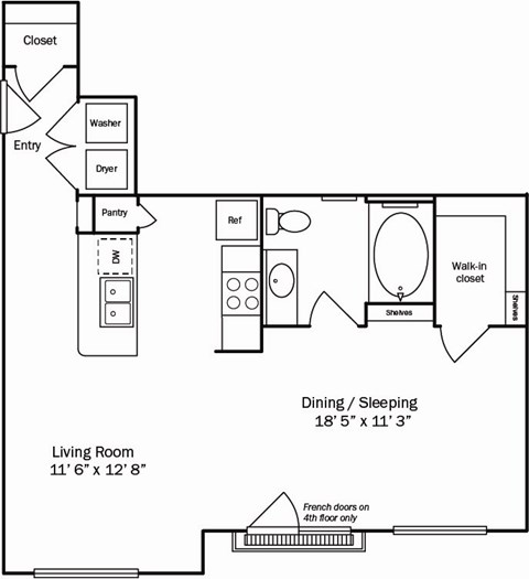 Floor plan for studio, 1 bath, 709 sqft